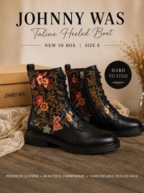 Johnny Was Taline Heeled Embroidered Leather Combat Boots NIB Size 8 MSRP $328